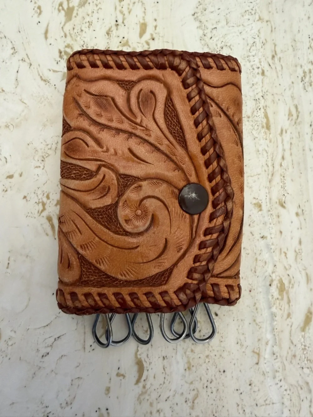 Vintage Hand Tooled Leather Key Holder Unisex Western Floral Whip Stitch Snap